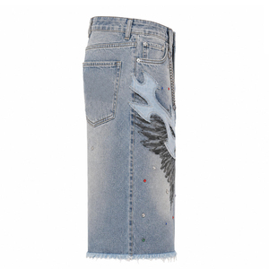 Flame Wing Rhinestone <b>ice</b> Blue Cotton denim Shorts men Baggy Y2K Streetwear Shorts Applique Chain <b>Ring</b> Frayed Hem Denim Shorts - Product Image 3