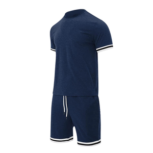 Ensemble de sport décontracté 2 pièces pour homme en tissu éponge uni, respirant, avec t-shirt à col ras du cou et short assorti, 100 % coton, idéal pour l'été et la course à pied - Product Image 6