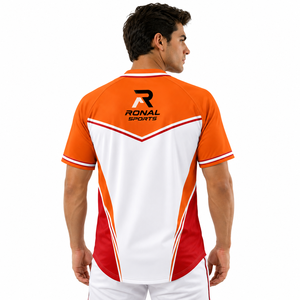 Maillot de baseball pour homme RONAL SPORTS à manches courtes, orange, blanc, rouge, avec blocs de couleur, boutons sur le devant, vêtements respirants - Product Image 4