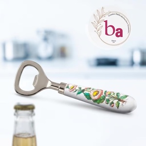 Décapsuleur en laiton et céramique avec perles décoratives, motif floral bleu, design classique et luxueux, accessoire de bar écologique, réutilisable, pour boissons portables - Product Image 1
