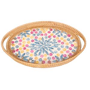 Eco Friendly Mother Of Pearl With Rattan Serving <b>Tray</b> Oval Color Dot Pattern Handmade Bulk For Hospitality Storage Food <b>Drinks</b> - Product Image 1