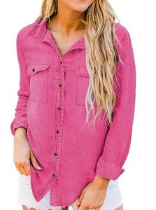 Chemises en jean pour femmes de couleur rose, style vintage, de haute qualité, à manches longues et boutonnées, style western, vente en gros - Product Image 4