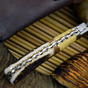 Couteau pliant en acier Damas, lame à pointe tombante, manche en bois de cerf, couteau de chasse - Product Image 4