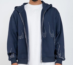 Sweat à capuche zippé personnalisé Y2K avec strass et motif flamme, coupe oversize, style streetwear, en molleton 100% coton, bleu marine et noir, avec détails métalliques - Product Image 3