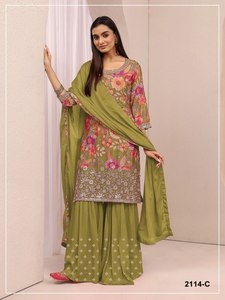 Salwar Kameez en rayonne vert à imprimé floral pour femme avec dupatta, tenue traditionnelle indienne et pakistanaise, longueur ras du sol, coupe classique - Product Image 1