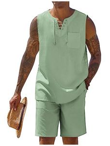 Mens Raw <b>Linen</b> Lace Up Tunic & Tailored Short Set This <b>two</b> <b>piece</b> ensemble features a sleeveless tunic - Product Image 5