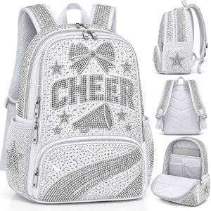 Mochila de Animadora con Pedrería para Niñas, Mochila Escolar Brillante con Cristales, Diseño de Lazo, Estrella y Megáfono, Múltiples Bolsillos - Product Image 4