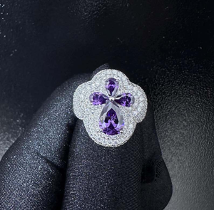 925 Sterling <b>Silver</b> Purple Flower <b>Ring</b> Iced Out Moissanite <b>Statement</b> <b>Ring</b> Luxury Floral Cocktail <b>Ring</b> For Women - Product Image 1