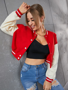 Premium Women's Red <b>White</b> Eco-Friendly Wool Leather Winter Varsity <b>Jacket</b> <b>Short</b> Cropped Button up Collar Full Sleeve OEM - Product Image 2