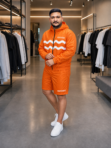 REXFIT SPORTS 2026 Ensemble veste à capuche et short unisexe en nylon orange personnalisé, coupe-vent léger, vêtements de sport, marque privée - Product Image 3