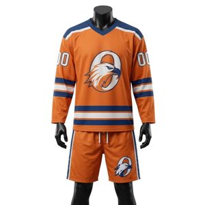 Conjunto de Camiseta y Pantalones Cortos de Hockey sobre Hielo Sublimados en Naranja para Hombre, Cuello en V, Ropa Deportiva Estampada de Poliéster, para Entrenamiento y Partido - Product Image 1