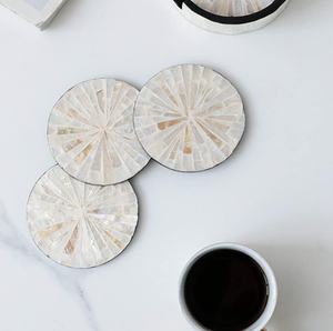 Handcrafted Round Mother of Pearl Inlay Coaster Set with <b>Matching</b> Storage <b>Box</b> Elegant Shell Drink Coasters for Coffee Table - Product Image 2