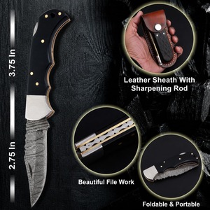 Cuchillo Plegable Artesanal de Damasco para Exteriores, Camping y Supervivencia, con Mango de Madera y Funda de Cuero, Logotipo Personalizado OEM/ODM - Product Image 4