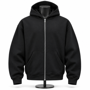 Sudadera con capucha extragrande para hombre, con cremallera, de algodón negro, forro polar, fabricante de sudaderas personalizadas OEM al por mayor - Product Image 1