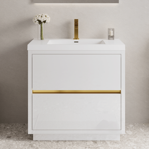 Mobile bagno freestanding da 36 pollici con cassetti soft-close e piano in resina effetto pietra, mobiletto contenitore bagno con lavabo - Product Image 1