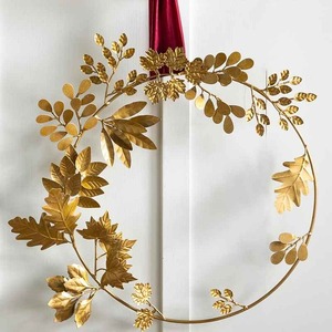 Elegante Corona de Hojas Mixtas en Metal Dorado con Follaje Detallado, Perfecta para Decoración de Pared en Otoño, Acción de Gracias o Festividades - Product Image 2