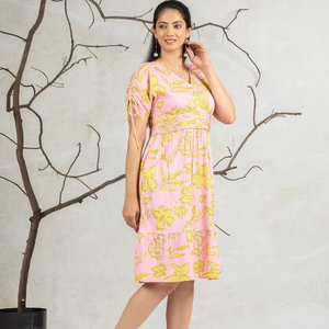 Vestidos Maxi de Verano para Mujer, Tallas Grandes, Estampados de Algodón, Cuello en V Profundo, Cintura Alta, Manga Corta, para Vacaciones y Resort - Product Image 1