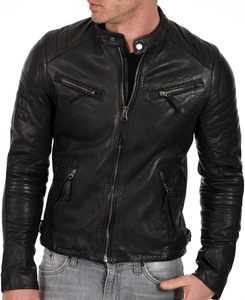 Chaqueta de Motociclista de Cuero Negra para Hombre, Cuello Camisero, Cierre de Cremallera, Corte Ajustado, Manga Regular, Estilo Otoñal - Product Image 1