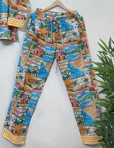 Women Tropical Print Cotton Pajama Set Two Piece Sleepwear Lounge Set Button <b>Down</b> Shirt Elastic Waist <b>Pants</b>. - Product Image 4
