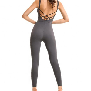 North Approach Ribbed Full Length Yoga Jumpsuit High Waist Zipper Front Solid Gray Active Stretch Women's Sportswear Jumpsuit - Product Image 5