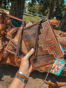 Hair On <b>Tooled</b> <b>Leather</b> Handbags for Women | Genuine Cowhide Western Crossbody Sling Bag with Hand <b>Tooled</b> Design - Product Image 5