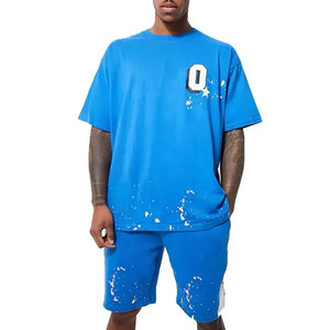 Ensemble T-shirt et short bleu oversize pour homme avec imprimé éclaboussures blanches – Style urbain décontracté pour l'entraînement et le fitness en extérieur - Product Image 4