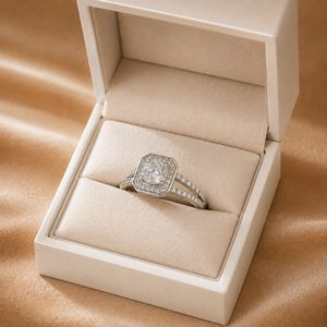 Moissanite Halo Engagement <b>Ring</b> Round Brilliant Cut 925 Silver Wedding Diamond <b>Split</b> Shank Band - Product Image 4