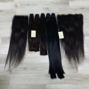 Extensions de cheveux à trame machine double tirage de haute qualité et frontale HD 13x6 en cheveux humains vietnamiens bruts, noir naturel, en lots - Product Image 4