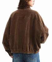 Blouson Bomber en Velours Côtelé Unisexe Décontracté Col Montant Fermeture Éclair Teint et Délavé Couleur Unie Manches Courtes Style Automne