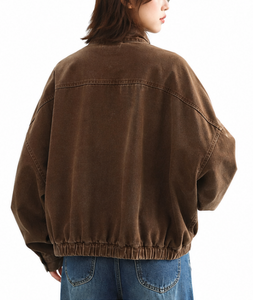 Chaqueta Bomber de Pana Unisex, Estilo Casual, Cuello Alto, Cierre de Cremallera, Color Sólido Teñido y Lavado, Manga Corta, Estilo Otoñal - Product Image 2