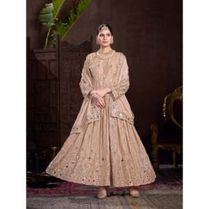 Hermoso Vestido Anarkali Beige para Fiestas, Incluye Pantalón y Dupatta, Talla L, Moda Valam, Hecho de Poliéster - Product Image 4