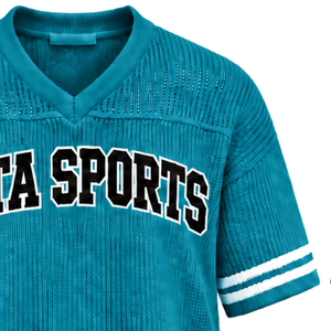 <b>Turquoise</b> Blue Custom Knitted V Neck Jersey Short Sleeve Striped Athletic <b>Shirt</b> Breathable Oversized Casual Sports Teamwear Top - Product Image 5