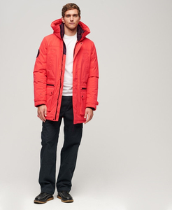 Parka Larga con Capucha para Hombre, Roja, Informal, de Poliéster, con Bolsillos, Cierre de Cremallera y Diseño de Parches - Product Image 2
