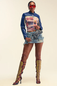 Chaqueta Deportiva Azul de PU con Estampado de Periódico, Cuello Alto, Cierre de Cremallera, Estilo Urbano, Corta, Unisex, para Primavera - Product Image 6