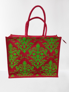 Sac fourre-tout en jute imprimé écologique avec fermeture éclair et poignée en sangle PP |   Sac de courses réutilisable à motif damassé floral pour les courses - Product Image 2