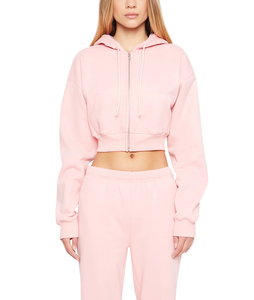 Sudadera con capucha corta para mujer, 100% algodón grueso, con cremallera y logotipo personalizado con bordado gráfico - Product Image 1