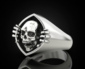 Bague en argent 925 avec bouclier tête de mort, style gothique horrifique, large, pour hommes et femmes, bijou fantaisie tendance - Product Image 4
