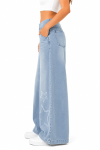 Womens Wide Leg Denim Jeans <b>Light</b> Blue Baggy Pants with <b>Star</b> Print Design High Waist Oversized Trousers Stylish Y2K Streetwear - Product Image 2
