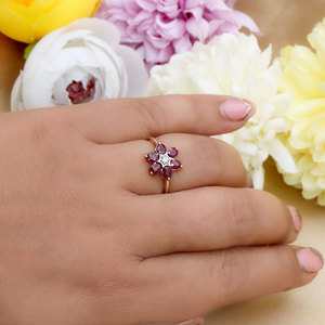 Bague en or jaune 14 carats avec rubis ovales et diamants, motif floral en étoile, bagues fines en pierres précieuses pour femmes, cadeau, mariage, fête, vente en gros - Product Image 6