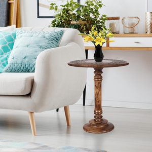 Hand Carved Solid Mango Wood Round Pillar Accent <b>Table</b> <b>Coffee</b> <b>Table</b> <b>Rustic</b> Farmhouse Side End <b>Table</b> - Product Image 3