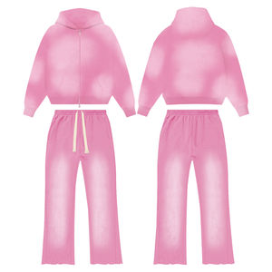 Ensemble de jogging 2 pièces personnalisé avec logo, sweat à capuche et pantalon 100 % coton, imprimé délavé vintage, sweat à capuche entièrement zippé et pantalon évasé - Product Image 5