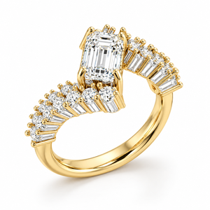 1.0 CTS Emerald Cut Bypass Graduated <b>Spray</b> Trendy 14K Yellow Gold IGI Certified Lab Grown Diamond Engagement Ring OEM Custom - Product Image 1