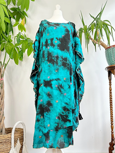 <b>Kaftan</b> Wavy <b>Dress</b> Crepe <b>Silk</b> Recycled Vintage Indian Sari Colourful Comfy Daywear Round Neck Tie Dye Long Maxi <b>Dress</b> For Women - Product Image 2