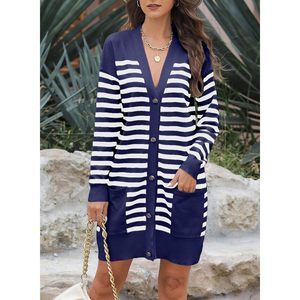 Open Front Button V-Neck <b>Cardigan</b> Sweater for Women 2025 Long Sleeve <b>Chunky</b> <b>Knit</b> Outwear Pockets Striped Design for Autumn - Product Image 5