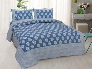 Sábana Plana de Algodón Estampada de Jaipur, Diseño Geométrico Azul, Estilo Clásico para Todas las Temporadas, Uso Doméstico para Adultos - Product Image 1