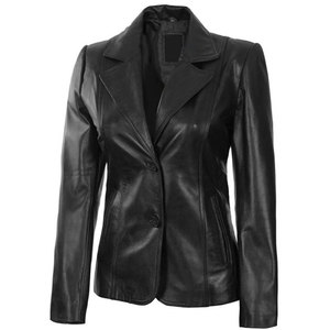 Women's Black Genuine Lambskin Leather Blazer <b>Jacket</b>, Classic Two-Button Slim Fit Office Suit for Ladies, Plus Size Available - Product Image 5