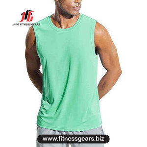 JUST FITNESS GEARS Débardeur pour homme en coton 100% écologique respirant, à séchage rapide, col rond, tricoté, bleu uni, 220g, modèle décontracté - Product Image 4