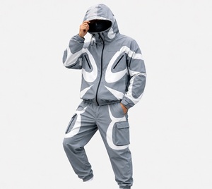 2026 Men's Gray Hooded Tracksuit Full <b>Zip</b> <b>Sweatshirt</b> & Pants Set Geometric Print Streetwear Autumn Wear Windproof 100% Polyester - Product Image 2