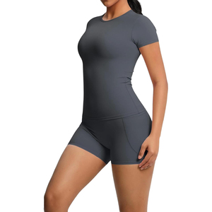 Ensemble de yoga à col rond, manches courtes, taille haute, couleur unie, avec poches, respirant, en spandex et polyester, sans couture, 2 pièces - Product Image 2