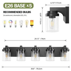 Lampada da Bagno Moderna a 5 Luci, Applique da Parete da 31 Pollici con Paralume in Vetro Nero e Specchio, Illuminazione per Vanità - Product Image 4
